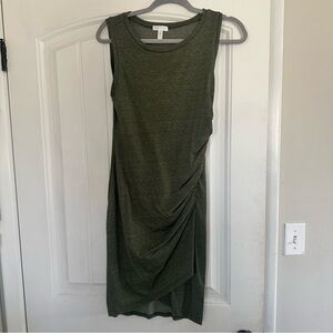 Leith Olive Green Sleeveless Midi Dress with Side Ruching